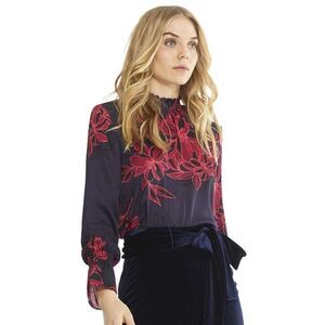 Misa‎ -668 Purple Red Multi Ruched Mock Neck Long Sleeve Floral Giana Top Size S